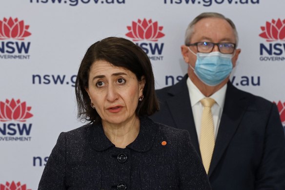 “Substantial increase”: NSW Premier Gladys Berejiklian and Health Minister Brad Hazzard at Tuesday’s COVID-19 update. 