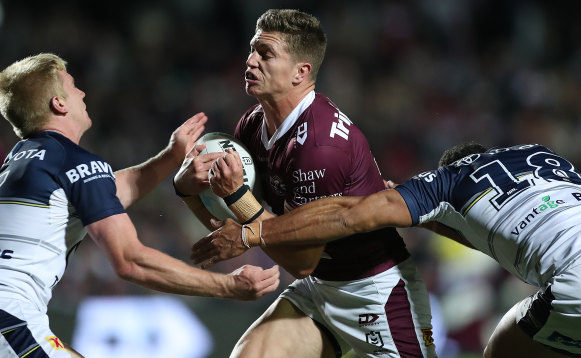Manly fullback Reuben Garrick makes a charge at Brookvale on Friday night.