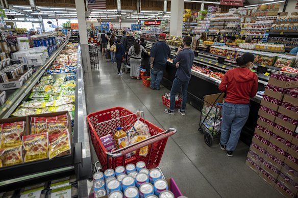 Grocery shopping in San Francisco. US consumer prices rose last month at the fastest annual pace since 1990.