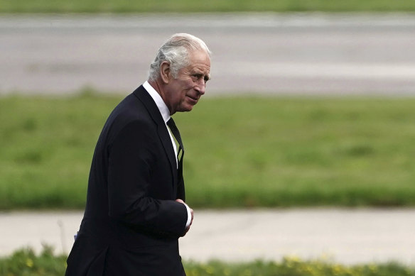 Britain’s King Charles III leaves Aberdeen Airport as he travels to London following Thursday’s death of Queen Elizabeth II.