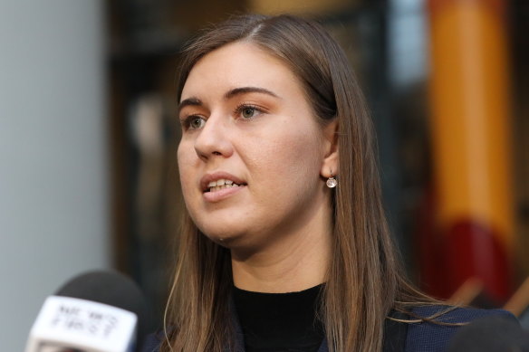 Brittany Higgins speaking to the media after meeting with Prime Minister Scott Morrison in April.