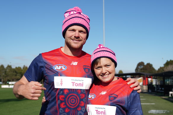 Melbourne’s Steven May with Breast Cancer Network Australia ambassador Toni Hilland.