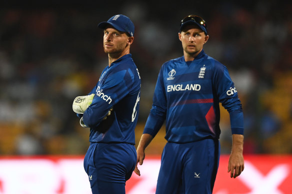 England duo Jos Buttler (left) and Joe Root during their Cricket World Cup clash with Sri Lanka.