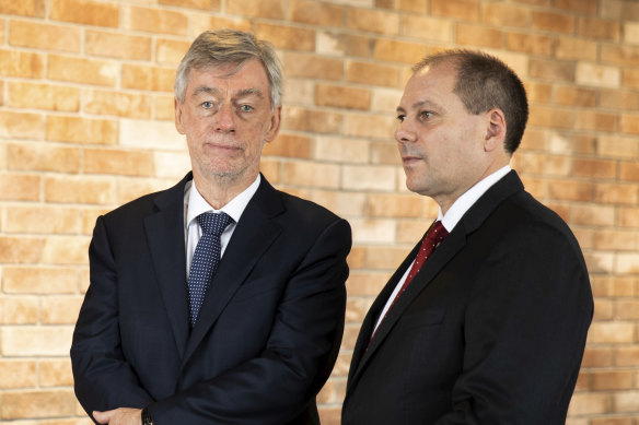Westpac chairman Lindsay Maxsted and incoming CEO Peter King at the bank's head office in Sydney on Tuesday. 