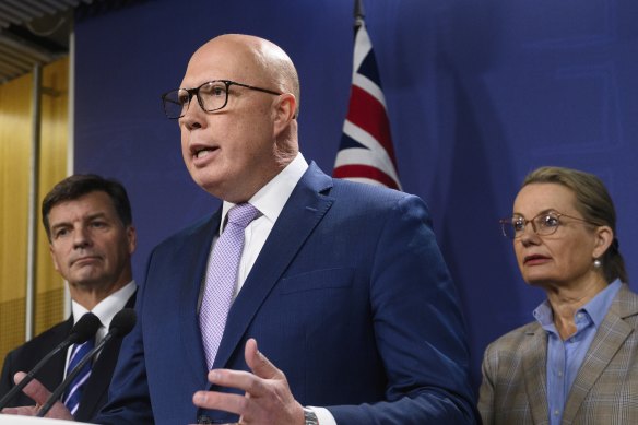 Peter Dutton announces the Coalition’s nuclear plan with Liberal MPs Angus Taylor and Sussan Ley.