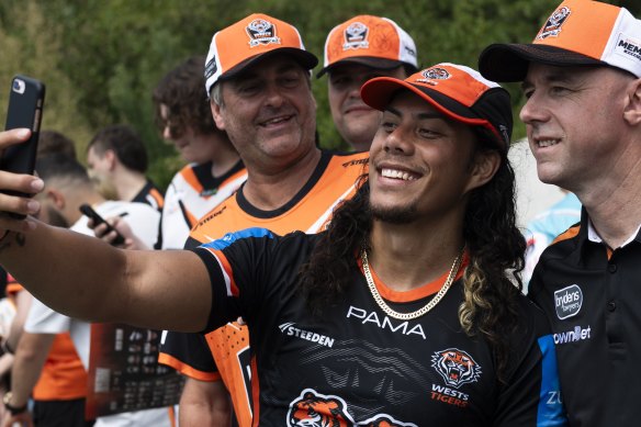 Jarome Luai meets Tigers fans during pre-season training.