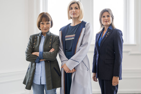 The Doctor (Jodie Whittaker, centre) with Tegan (Janet Fielding, left) and Ace (Sophie Aldred) in The Power of the Doctor.