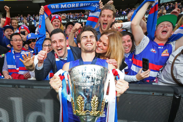 Bulldogs premiership captain Easton Wood celebrating the 2016 premiership.