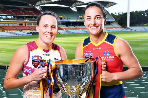 Lions captain Jade Ellenger and Adelaide Crows’ Angela Foley before the AFLW grand final at Adelaide Oval in April.