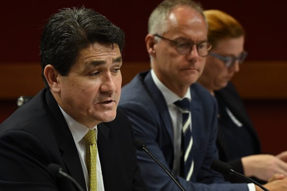 NSW Minister for Skills and Tertiary Education Dr Geoff Lee (left) and TAFE NSW managing director Steffen Faurby during the budget estimates hearing at NSW Parliament on Monday.
