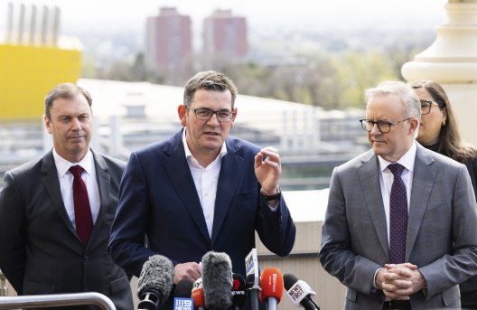 Premier Daniel Andrews and Prime Minister Anthony Albanese in Carlton on Tuesday.