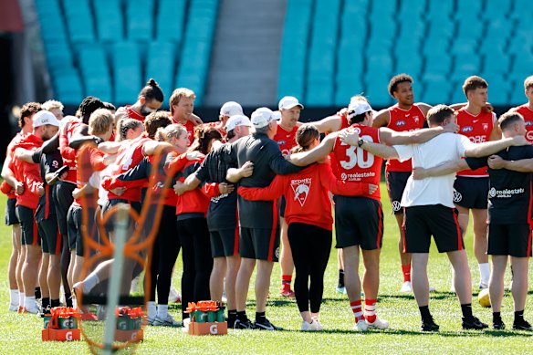 Players and football staff during Sydney Swans training at the SCG this week.