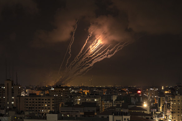Rockets fired by Palestinian militants toward Israel, in Gaza City, on Saturday, August 6.