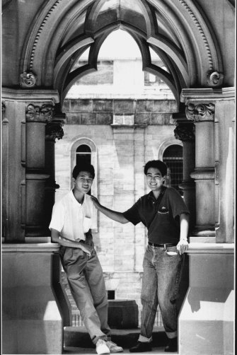 Marcus Lim, 17, right, and his best friend Hung Ta, 18, left, gained the top marks in the 1991 HSC, the Herald reported on January 13, 1992.