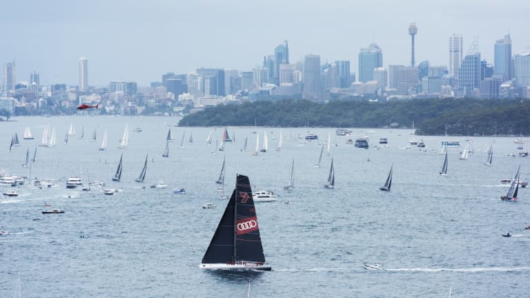 Wild Oats XI at the start of last year's Sydney to Hobart race, as seen from North Head.