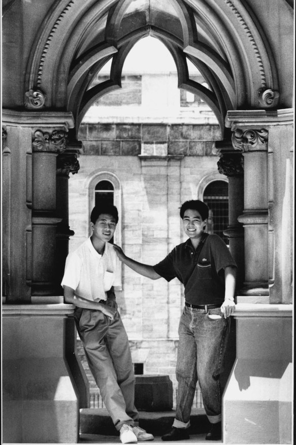 Marcus Lim, 17, right, and his best friend Hung Ta, 18, left, gained the top marks in the 1991 HSC, the Herald reported on January 13, 1992.