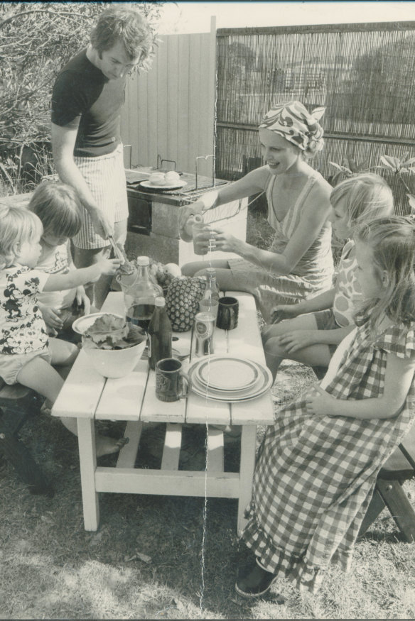 The young Bryce family in the 1970s, eating al fresco.