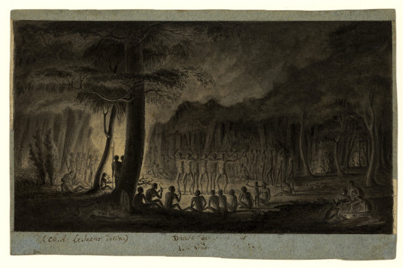 Charles-Alexandre Lesueur: Aboriginal people dancing near a fire</i>, <br/>Charles-Alexandre Lesueur, 1802 in The Art of Science: Baudin’s Voyagers 1800–1804 at the National Museum of Australia.