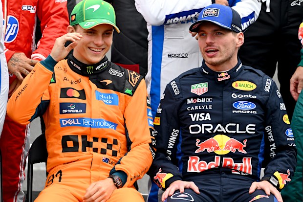Oscar Piastri of Australia and McLaren and Max Verstappen of the Netherlands and Oracle Red Bull Racing talk on the drivers parade prior to the F1 Grand Prix of Australia at Albert Park Grand Prix Circuit on March 08, 2026 in Melbourne, Australia. (Photo by Mark Sutton - Formula 1/Formula 1 via Getty Images)