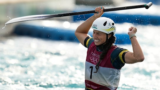Jess Fox after crossing the finish line to win gold in Tokyo.