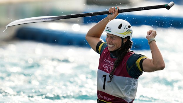 Jess Fox after crossing the finish line to win gold in Tokyo.