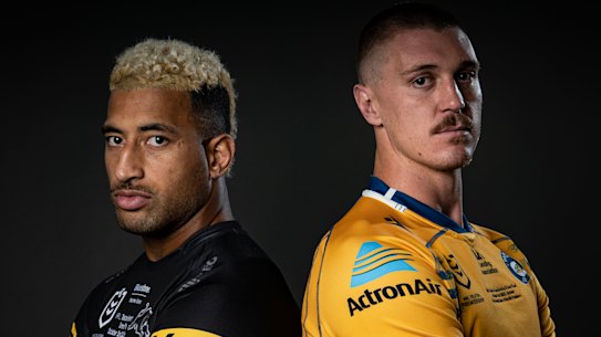 Penrith Panthers back-rower Viliame Kikau and Parramatta Eels opposite Shaun Lane.