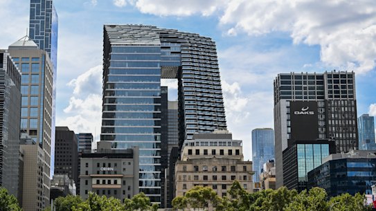 Collins Arch, also known as the “pantscraper”, as seen from the Yarra River.