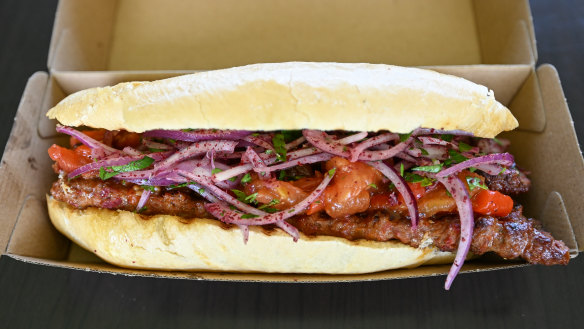 Adana kebab in a crusty white roll.