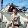 Utzon in front of the partially constructed Opera House in 1965.