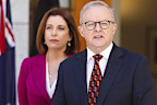 Minister for Communications and Minister for Sport Anika Wells and Prime Minister Anthony Albanese during a press conference at Parliament House in Canberra on Monday 10 November 2025. fedpol Photo: Alex Ellinghausen