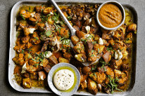 Patatas bravas with kind-of brava sauce (top right) and roast garlic aioli (bottom).