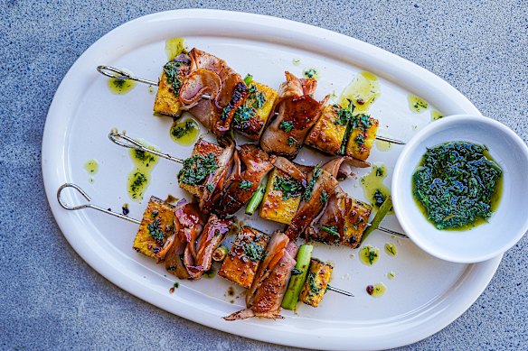 Ham steak Hawaiian gets a glow-up in these charred pineapple XO skewers with coriander salsa. 