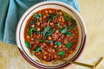 Braised chickpeas with chorizo and greens.