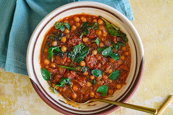 Braised chickpeas with chorizo and greens is satisfying, and on the table in less than 30 minutes.