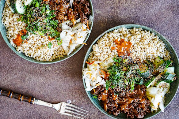 Gochujang and honey dressing lifts this beef bowl with cucumber smash salad.