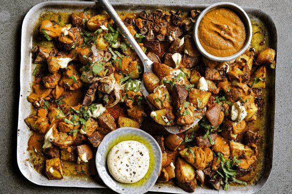 Patatas bravas with kind-of brava sauce (top right) and roast garlic aioli (bottom).