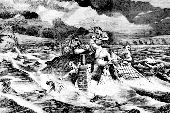 An illustration depicting the drowning of the Eather family in the Great Hawkesbury-Nepean flood of 1867, published in the Illustrated Sydney News. Twelve members of the family died in the disaster.