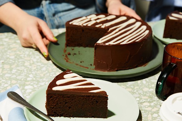 Emelia Jackson's mud cake, with signature ganache and zigzag stripes.