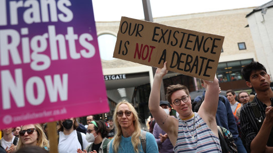 Trans rights activists protest against gender critical philosopher Kathleeen Stock outside the Oxford Student Union.