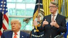 Donald Trump listens to Britain’s US ambassador Peter Mandelson in the Oval Office.