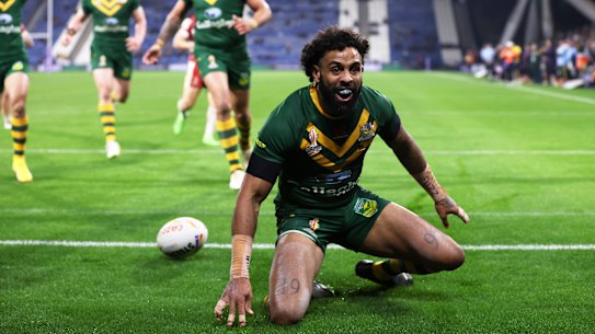 Josh Addo-Carr scores his fifth try for Australia.