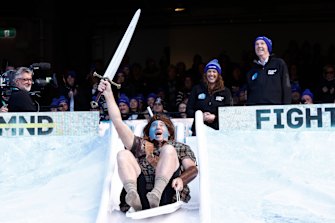 David Neitz goesa down the slide as Braveheart.