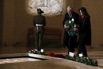 Chair of the Australian War Memorial Kerry Stokes and Christine Simpson Stokes lay a wreath at the Tomb of the Unknown Australian Soldier in Canberra in April.