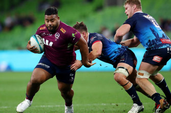 Taniela Tupou of the Reds runs with the ball during the round nine Super Rugby Pacific match.