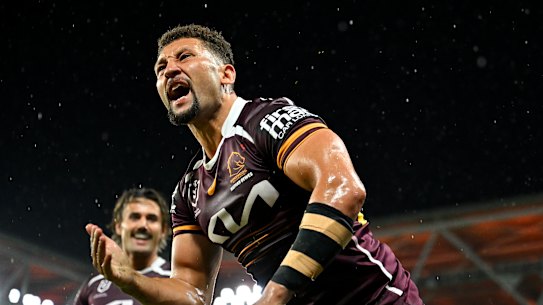 Gehamat Shibasaki celebrates a try for Brisbane.