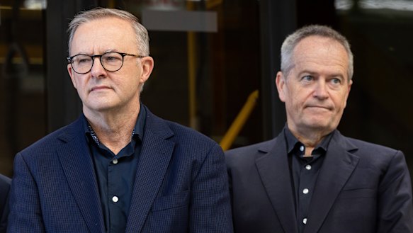 Opposition Leader Anthony Albanese (left) and Labor’s spokesman on the NDIS, Bill Shorten, in Perth last Saturday.