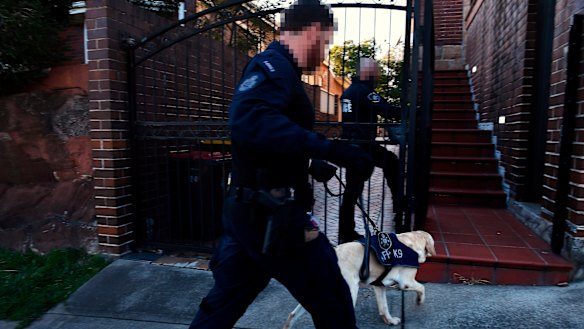 AFP officers from the canine unit enter a property in Earlwood owned by Arthur Alex.