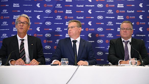 FFA chief executive David Gallop, chairman Chris Nikou and A-League boss Greg O'Rourke.