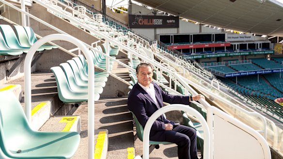 Master of all he surveys: Nick Politis in his seat at Allianz Stadium.