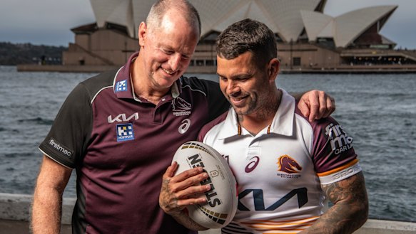 Double up: Brisbane pair Michael Maguire and Adam Reynolds won a premiership together with South Sydney in 2014. 